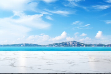white marble table top on blur ocean sea island and blue sky background - can be used for display or