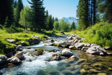 Mountain Stream With Fast Water In Summer Time In Kazakhstan