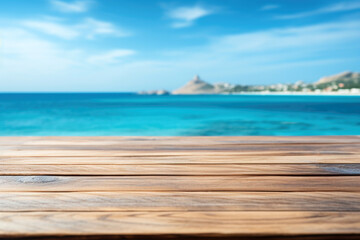 Poster - Empty wooden table over blue sea island and blue sky background. For product display. High quality photo