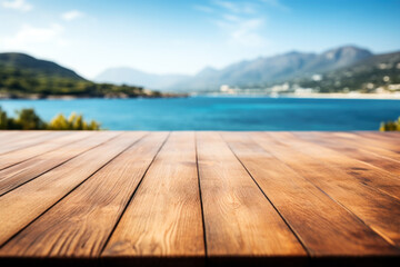 Poster - Empty wooden floor for product display montages with sea and mountain background. High quality photo
