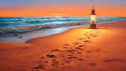 Canvas Print - Strand, leuchtende Laterne im Sand am Strand im Sonnenuntergang. Generative Ai