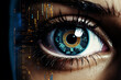 Futuristic woman eye display cyberspace concept science background technology human person vision system digital