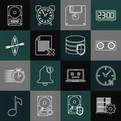 Wall Mural - Set line Server setting, Clock 24 hours, Stereo speaker, Floppy disk, Delete file document, Kayak and paddle, Hard drive HDD and Database protection icon. Vector