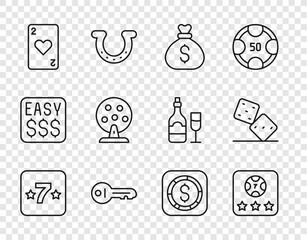 Sticker - Set line Casino slot machine, Online poker table game, Money bag, Old key, Playing card with heart, Lottery, Coin money dollar and Game dice icon. Vector