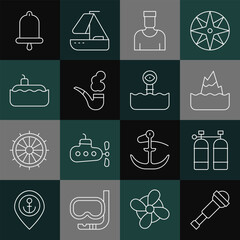 Sticker - Set line Spyglass telescope lens, Aqualung, Iceberg, Sailor captain, Smoking pipe, Submarine, Ship bell and Periscope icon. Vector