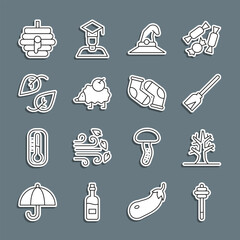 Sticker - Set line Honey dipper stick, Bare tree, Handle broom, Witch hat, Hedgehog, Leaf, Hive for bees and Socks icon. Vector