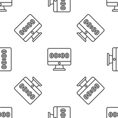 Poster - Grey line Clock on computer monitor screen icon isolated seamless pattern on white background. Schedule concepts. Vector