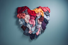 Pile Of Clothes Laid Out In Shape Of Heart, A Symbol Of Love. Creative Concept Of Recycling Old Clothes, Reuse And Environmental Friendliness, Reasonable Consumption. Generative AI Photo Imitation.