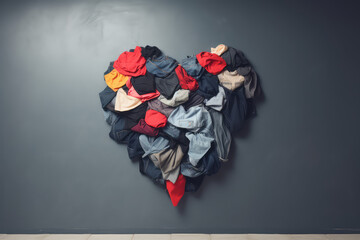 Wall Mural - Pile of clothes laid out in shape of heart, a symbol of love. Creative concept of recycling old clothes, reuse and environmental friendliness, reasonable consumption. Generative AI photo imitation.