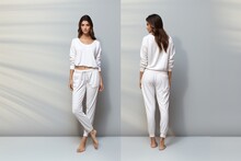 Set Of Sleepwear Pajamas Shirt, Pants Technical Fashion Illustration With Full Length, Normal Waist, Pockets, Long Sleeves. Flat Front And Back. Women Model.