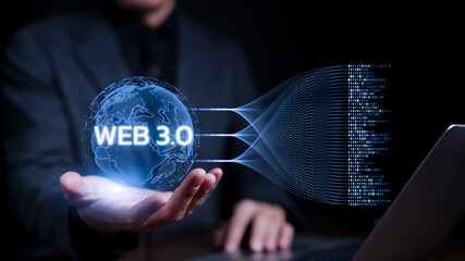 Wall Mural - web 3.0 technology concept. businessman hand showing futuristic internet 3.0 connection virtual real