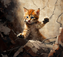 Wall Mural - Portrait of a beautiful kitten, marble style brown and cream background colours 