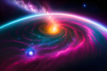  Planet with electrical storms, colorful and spectacular, scene of beautiful destruction, spiral nebulae, science concept, generative ai	