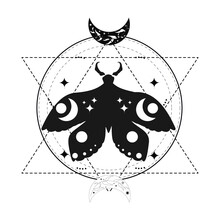 Magic Mystic Moth Silhouette With Moon In Doodle Style, Line Art Isolated, Boho Celestial Esoteric Symbol, Tatoo Or Print
