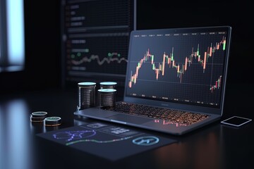 Many charts on the desktop on a dark background. Generative AI