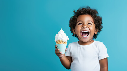 happy african american child with ice cream in a waffle cone, isolated on blue background. generativ