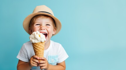 cute little boy in summer hat eating ice cream on blue background. generative ai.
