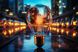 © staras - Golden incandescent lamp with diode elements against the backdrop of the night city of the future, electricity and energy generation concept, abstract virtual idea, AI Generated