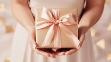 Holiday Minimal Background With Hands Holding Gold Gift Box, Christmas Day And New Year Concepts, Happiness Moment. Generative AI.