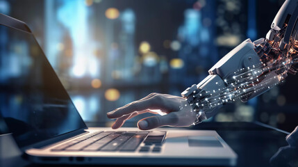 Robotic man hand pressing a keyboard on a laptop working, connecting with AI online and using a chat GPT. IT engineer software developer programmer, future world, Generated AI.