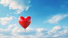 A Red Heart Balloon Floats In The Blue Sky In Clouds. Created With Generative Ai Technology.