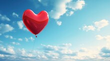 A Red Heart Balloon Floats In The Blue Sky In Clouds. Created With Generative Ai Technology.