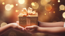 Holiday Minimal Background With Hands Holding Gold Gift Box And Christmas Tree On Christmas Day And New Year Concepts, Happiness Moment. Generative AI.
