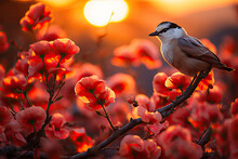 A Bird Starts The Day On In A Warm Photo Of Flowers Blooming.