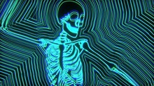 Seamless Animation Of Glowing Dancing Skeleton. Funny Halloween Background  With Rainbow Neon Flare Echo Effect.