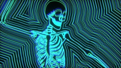 seamless animation of glowing dancing skeleton. funny halloween background with rainbow neon flare e