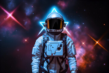 spaceman or astronaut with triangular shape neon lights. ai generated.
