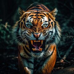 Tiger portrait. Very angry tiger face close-up. Head front view black green background.