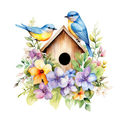 Wall Mural - Cute watercolor birdhouse isolated. Illustration AI Generative.