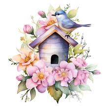Cute Watercolor Birdhouse Isolated. Illustration AI Generative.