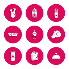 Sticker - Set Glass of lemonade with drinking straw, Sandwich, Covered tray food, Scrambled eggs, Paper glass water, Hotdog sandwich mustard, Doner kebab and Chicken leg icon. Vector