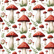 Fly Agaric Mushroom Pattern On A White Background. Watercolor Botanical Illustration. Nature. Pastel Colors. Design For Packaging, Fabric, Wallpapers, Posters. Seamless Floral Pattern