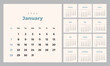 © Morena - Minimalist style monthly calendar template for 2024 year. English calendar. Week starts on Sunday. Set of 12 months. Simple design with big letters, typographic elements. Square composition