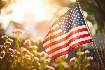 Backlit US flag in nature for Labor Day. Photo generative AI