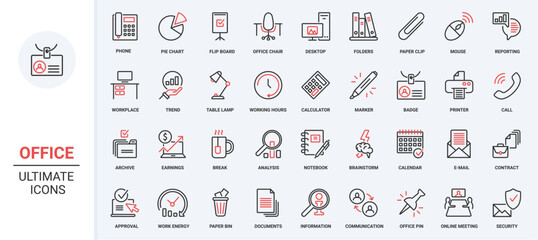 vector illustration trendy red black thin line icons set office communication documents, including w