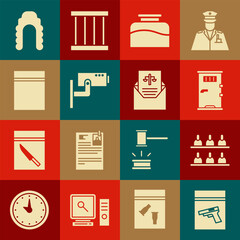 Wall Mural - Set Evidence bag and pistol or gun, Jurors, Prison cell door, Inkwell, Security camera, Plastic with ziplock, Judge wig and Subpoena icon. Vector