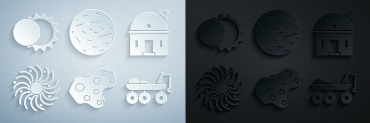 Sticker - Set Asteroid, Astronomical observatory, Black hole, Mars rover, Planet Venus and Eclipse of the sun icon. Vector