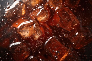 icy cola with condensed water droplets on glass, shallow depth of field
