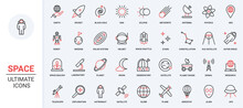Vector Illustration Trendy Red Black Thin Line Icons Set Space Travel Universe Research Technology, Astronaut Spaceship, Moon Solar System Planets, And Futuristic Observatory And Telescope.