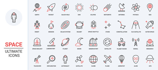 Vector illustration trendy red black thin line icons set space travel universe research technology, astronaut spaceship, moon solar system planets, and futuristic observatory and telescope.