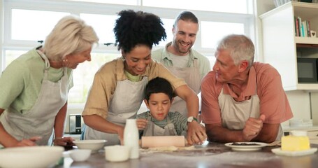 Canvas Print - Parents, grandparents and grandkids with a family baking in the kitchen of their home together during a visit. Love, teaching and children in a house learning about cooking with food education