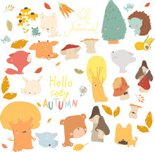 Cartoon Autumn Set With Woodland Animals And Trees. Vector Set