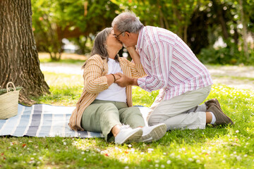 Wall Mural - Happy senor european man and lady sit on plaid enjoy romantic date, husband kiss wife in park