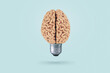 © alones - Creative light bulb brain on a light blue background. Brainstorm. Think differently, concept. Creative thinking. fresh thought