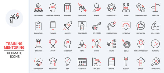 Career growth, workshop organization and counseling, advices, evaluation and communication with teacher. Mentoring, training for business teams trendy red black thin line icons set vector illustration