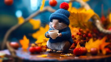 A Cute Little Mouse In A Knitted Hat And Sweater Drinks Tea From A Cup Against The Backdrop Of An Autumn Forest. A Beautiful Thanksgiving Card.Generative AI